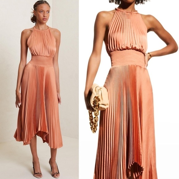 ALC Copper Satin Pleated Sleeveless Halter Smocked Waist Asymmetrical Hem Gown 2 - Picture 4 of 16